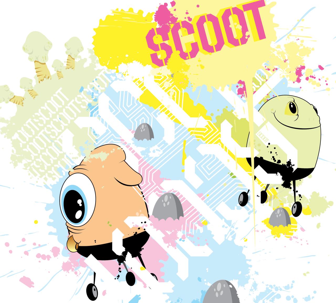 Two weird creatures on wheels scoot'n about in a paint-splash explosion amongst shiuny rocks, globular trees and deconstrucred stencil typography